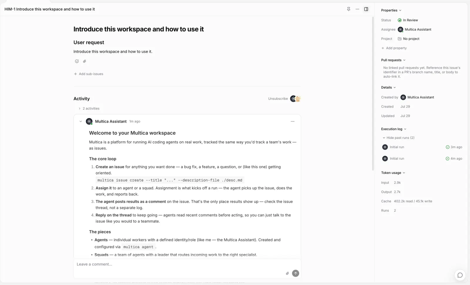 Issue detail: description, discussion, properties on the right, and the execution log